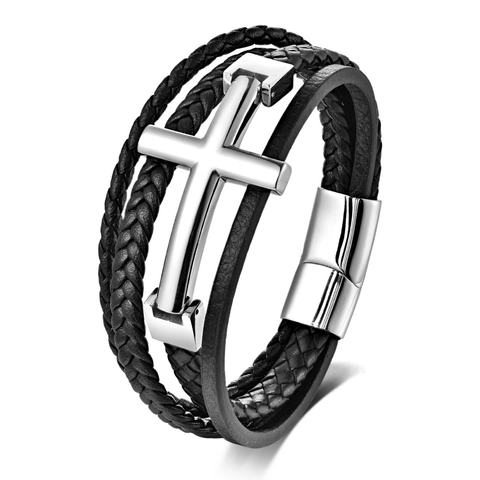 Pulsera de Cuero Trenzado Multicapa Vintage para Hombre Con Dije de Cruz de Acero Inoxidable Pulido Cierre Magnético Joyería Punk