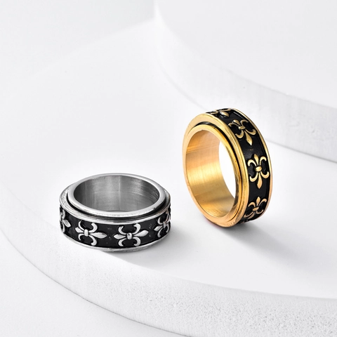 Edelstahl Drehbarer Fleur-De-Lis Spinner Ring Für Herren Retro Industrial Relief Finger Band Ring Schmuck Geschenk