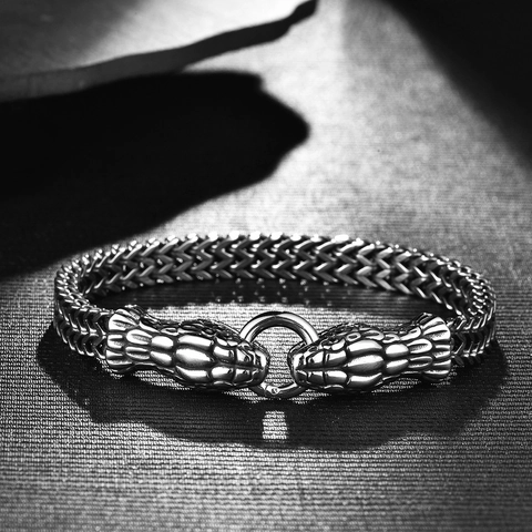 Vintage Punk Acero Inoxidable Doble Cabeza de Serpiente Pulsera para Hombre Rock Moda Tejido Cadena de Trigo O-Ring Joyería