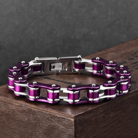 Punk Rock Stainless Steel Bicycle Chain Bracelet For Men Hip Hop Biker Jewelry Green Purple Polished Link Bracelet