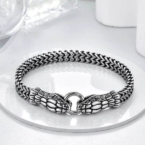 Vintage Punk Acero Inoxidable Doble Cabeza de Serpiente Pulsera para Hombre Rock Moda Tejido Cadena de Trigo O-Ring Joyería