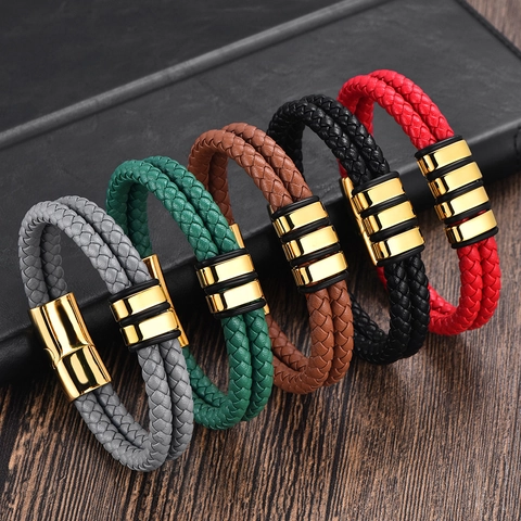 Men Braided Microfiber Leather Bracelet With Stainless Steel Magnetic Clasp Punk Geometric Fashion Hand Jewelry Gift