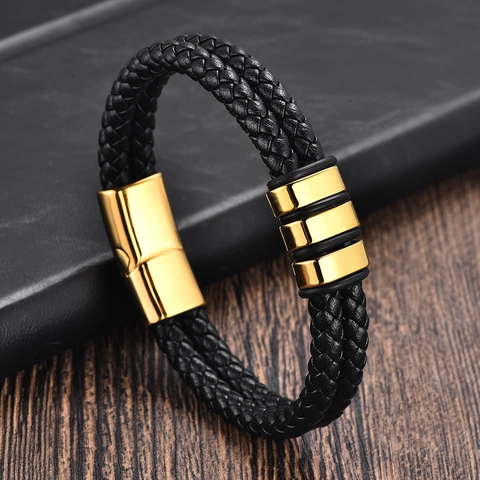 Men Braided Microfiber Leather Bracelet With Stainless Steel Magnetic Clasp Punk Geometric Fashion Hand Jewelry Gift
