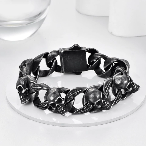 Men's Punk Stainless Steel Skull Chain Bracelet Gothic Hip Hop Heavy Metal Distressed Silver Biker Jewelry Gift