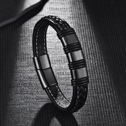 Men's Stainless Steel PU Leather Woven Bracelet With Magnetic Clasp Minimalist Industrial Punk Fashion Wristband Jewelry