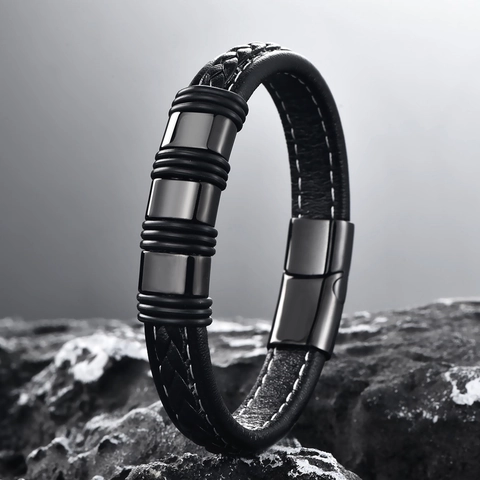 Men's Stainless Steel PU Leather Woven Bracelet With Magnetic Clasp Minimalist Industrial Punk Fashion Wristband Jewelry