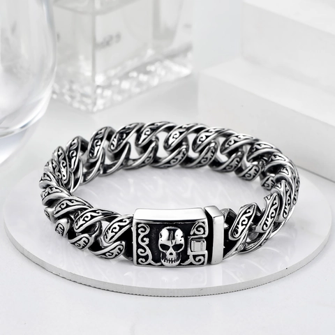Bracciale Vintage Punk con Teschio in Acciaio Inossidabile 304 Catena a Maglia Pesante con Incisioni Stile Biker