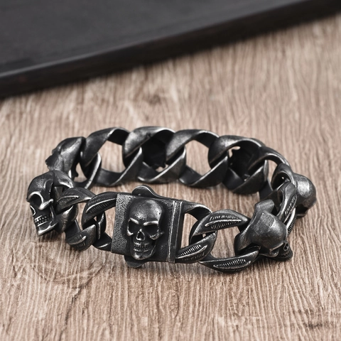 Men's Punk Stainless Steel Skull Chain Bracelet Gothic Hip Hop Heavy Metal Distressed Silver Biker Jewelry Gift