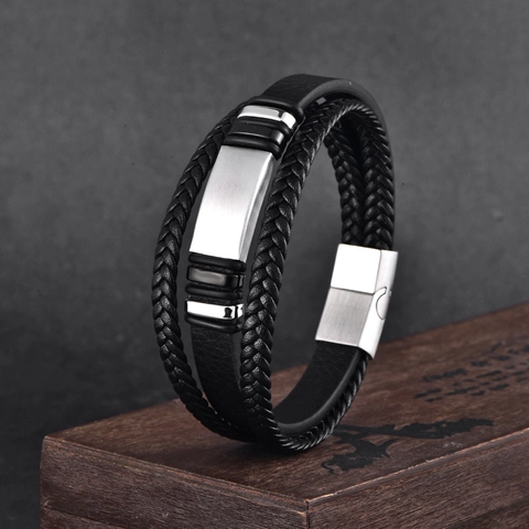 Men Multilayer Braided Leather Bracelet With Stainless Steel Magnetic Clasp Vintage Fashion Jewelry Hand-woven Wristband For Daily Wear