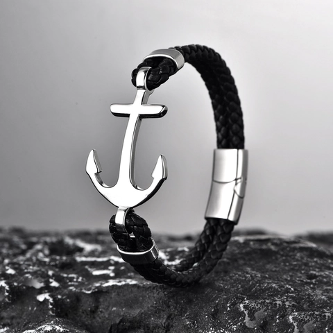 Vintage Heren Roestvrij Staal Anker Gevlochten Leren Armband Met Magnetische Sluiting Retro Nautisch Schip Sieraden