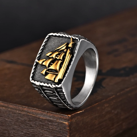 Vintage Edelstahl Segelschiff Siegelring Für Herren Retro Nautisch Punk Schmuck Zweifarbig Silber Gold Band Fingerring