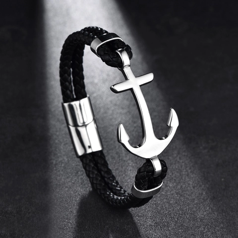 Vintage Heren Roestvrij Staal Anker Gevlochten Leren Armband Met Magnetische Sluiting Retro Nautisch Schip Sieraden