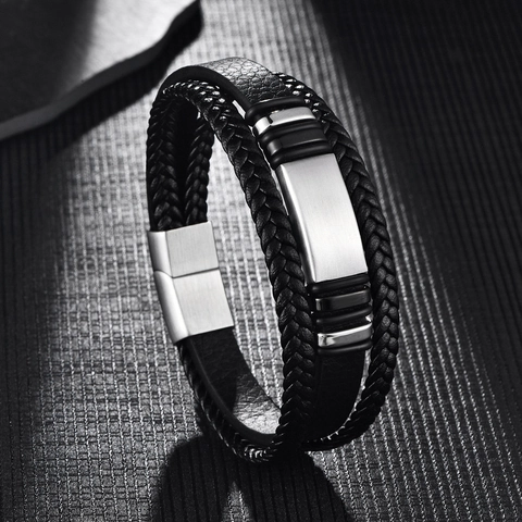 Men Multilayer Braided Leather Bracelet With Stainless Steel Magnetic Clasp Vintage Fashion Jewelry Hand-woven Wristband For Daily Wear