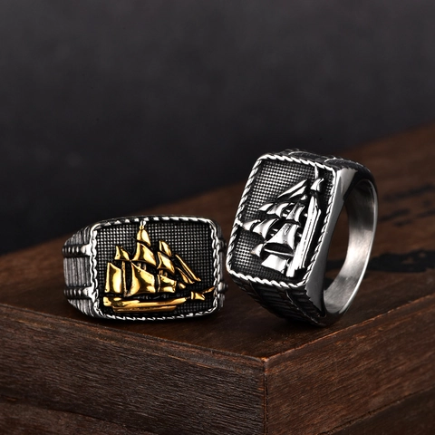 Vintage Edelstahl Segelschiff Siegelring Für Herren Retro Nautisch Punk Schmuck Zweifarbig Silber Gold Band Fingerring