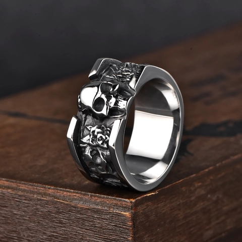 Anello in Acciaio Inossidabile con Teschio e Rosa Punk Vintage per Uomo Anello a Fascia Larga Gotico Hip Hop Biker Regalo Gioielli