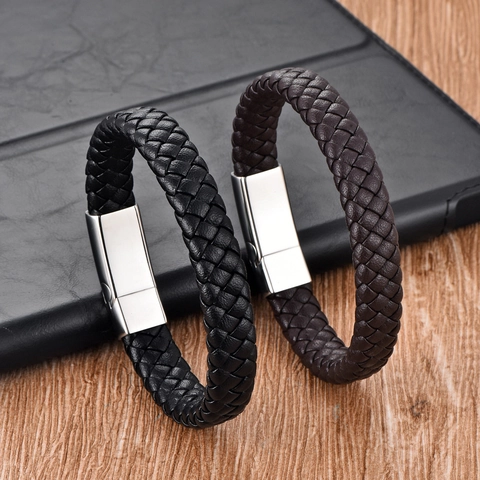 Men Braided Leather Bracelet With 316 Stainless Steel Magnetic Clasp Minimalist Punk Fashion Jewelry Gift For Him