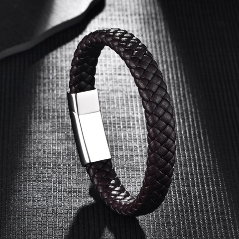 Men Braided Leather Bracelet With 316 Stainless Steel Magnetic Clasp Minimalist Punk Fashion Jewelry Gift For Him