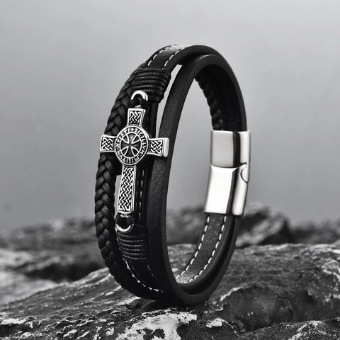 Pulsera de Cuero Trenzado Multicapa Punk Vintage para Hombre Con Colgante de Cruz de Acero Inoxidable Cierre Magnético