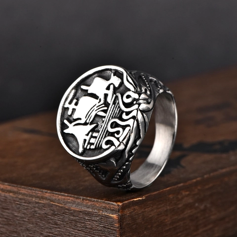 Anello Vintage in Acciaio Inossidabile Polpo Kraken Barca a Vela Uomo Gothic Nautical Punk Viking Pirate Signet Band