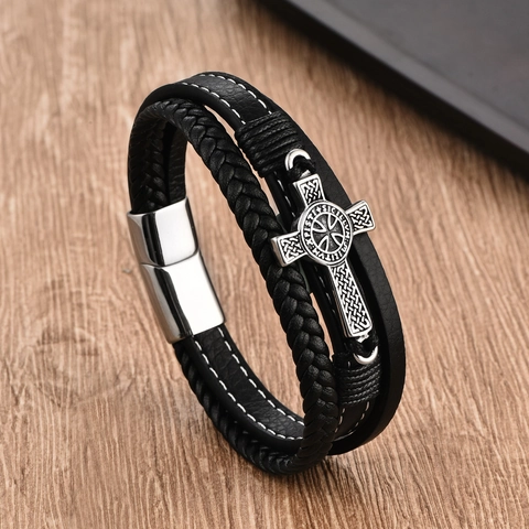 Pulsera de Cuero Trenzado Multicapa Punk Vintage para Hombre Con Colgante de Cruz de Acero Inoxidable Cierre Magnético