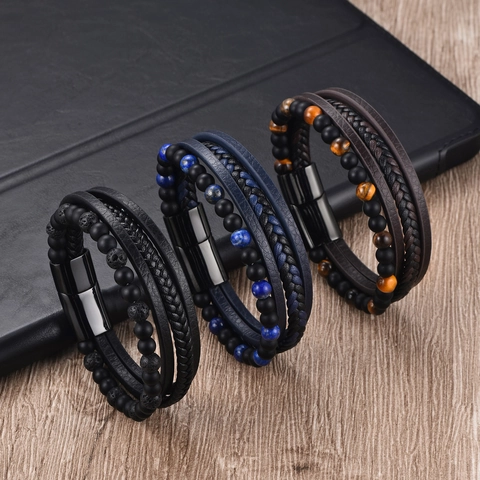 Men's Multi-Layer Braided Microfiber Leather Bracelet With Stainless Steel Magnetic Clasp Natural Tiger Eye Lava Stone Punk Jewelry