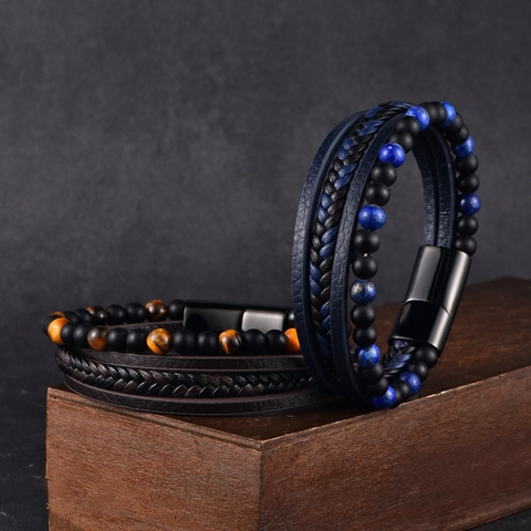 Men's Multi-Layer Braided Microfiber Leather Bracelet With Stainless Steel Magnetic Clasp Natural Tiger Eye Lava Stone Punk Jewelry