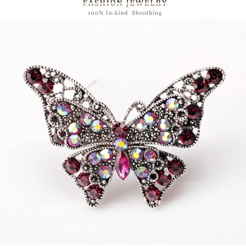 Vintage Legierung Schmetterling Brosche Lila Strass Ausgehöhltes Design Mode Anstecknadel Für Hochzeit Party Damen Schmuck