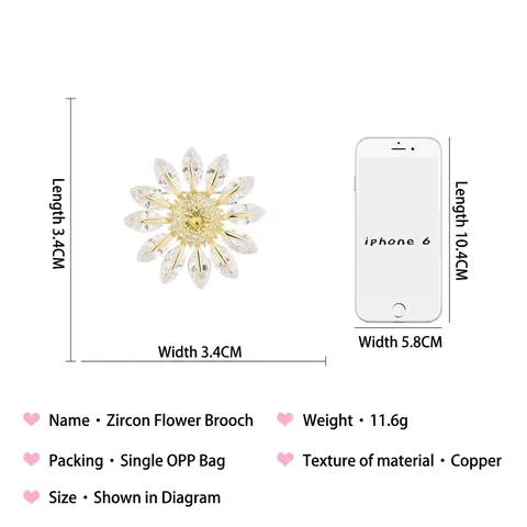 Spilla Girasole in Rame e Zirconia Moda Squisita Spilla da Corsage con Pietra Gialla e Bianca per Gioielli da Sposa da Donna