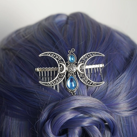 Vintage Zinklegierung Dreifacher Mond Stern Haarkamm Mit Blauem Strass Wikinger Gotik Hohl Haarschmuck Für Damen