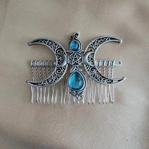 Vintage Zinklegierung Dreifacher Mond Stern Haarkamm Mit Blauem Strass Wikinger Gotik Hohl Haarschmuck Für Damen