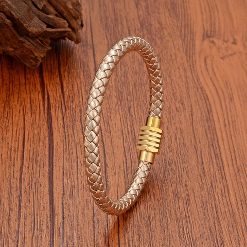 Pulsera de Cuero Trenzado Minimalista Con Cierre Magnético de Acero Inoxidable Patrón de Rombos Geométricos Joyería de Moda Unisex