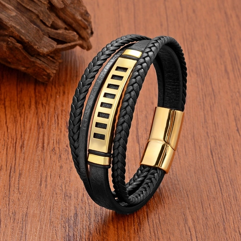 Men Multilayer Leather Bracelet Stainless Steel Geometric Cutout Magnetic Clasp Woven Cord Wrap Bangle Punk Jewelry