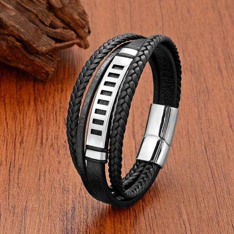 Men Multilayer Leather Bracelet Stainless Steel Geometric Cutout Magnetic Clasp Woven Cord Wrap Bangle Punk Jewelry