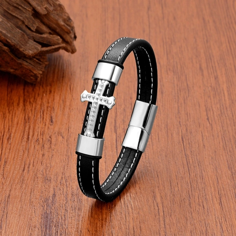 Herren Edelstahl Kreuz Lederarmband Geflochtene Kordel Mit Magnetverschluss Punk Religiöser Schmuck Geschenk