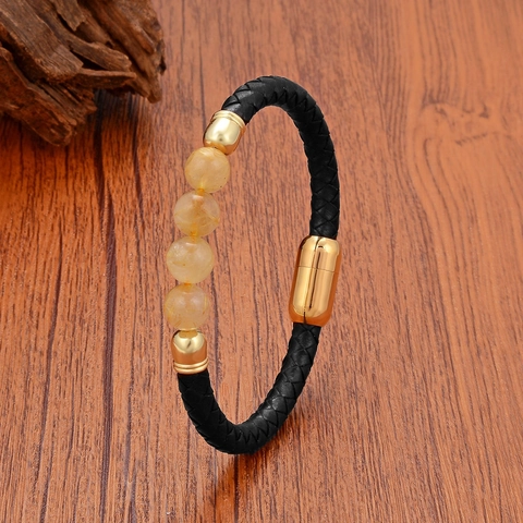 Pulsera de Cordón de Cuero Trenzado a Mano con Piedra Natural y Cierre Magnético de Acero Inoxidable Joyería Bohemia Unisex