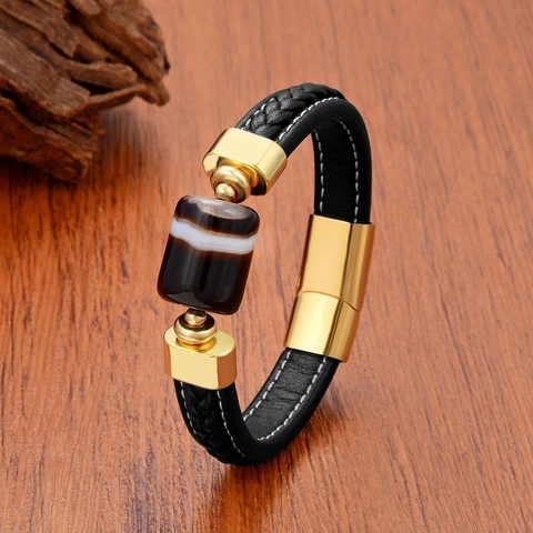 Herren Retro Geflochtenes Lederarmband Edelstahl Magnetverschluss Achat Stein Geometrischer Charm Handgewebter Schmuck Geschenk