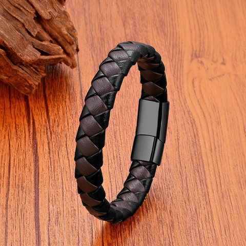 Pulsera de Cuero Tejido para Hombre Retro Con Cierre Magnético de Acero Inoxidable Brazalete Trenzado Minimalista Hecho a Mano Joyería