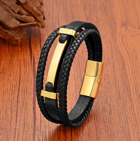 Herren Mehrlagiges Geflochtenes Lederarmband Edelstahl Magnetverschluss Punk Stil Geometrisch Handgefertigt Schmuck Geschenk