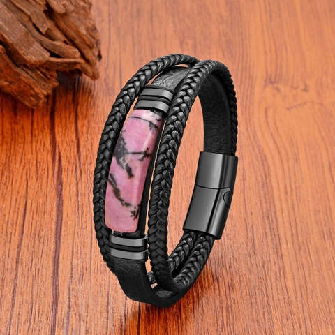 Bracelet Homme Rétro Multicouche en Cuir Tressé Avec Pierre Naturelle Fermoir Magnétique en Acier Inoxydable Bracelet Manchette en Corde Tissée