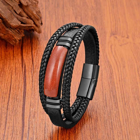 Bracelet Homme Rétro Multicouche en Cuir Tressé Avec Pierre Naturelle Fermoir Magnétique en Acier Inoxydable Bracelet Manchette en Corde Tissée