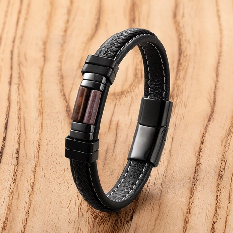 Pulsera Trenzada de Acero Inoxidable Retro para Hombres Mujeres Cierre Magnético Vintage Pulsera de Cuero Multicapa