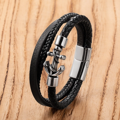 Pulsera Punk de Cuero Trenzado Multicapa para Hombre Con Dije de Acero Inoxidable de Ancla Cruz Infinito Cierre Magnético Joyería