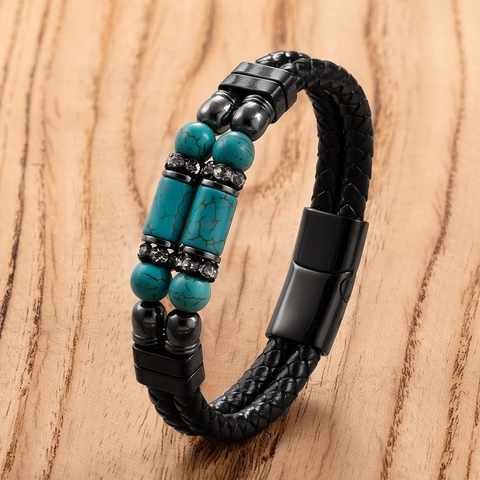 Pulsera de Cuero Trenzado de Doble Capa para Hombre Acero Inoxidable Cierre Magnético Piedra Rhinestone Joyería Punk