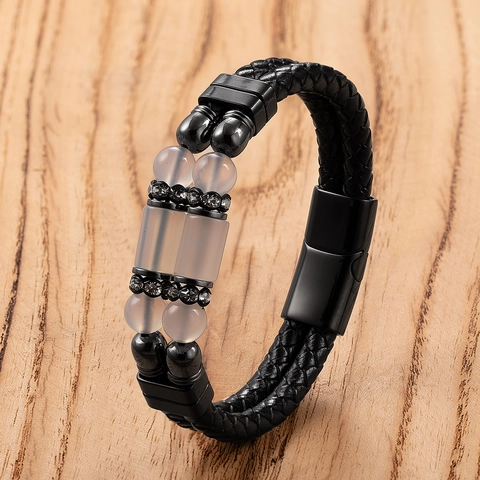 Pulsera de Cuero Trenzado de Doble Capa para Hombre Acero Inoxidable Cierre Magnético Piedra Rhinestone Joyería Punk