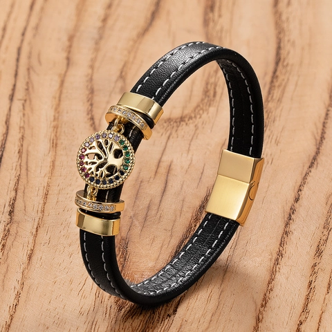 Vintage Tree of Life Stainless Steel Leather Bracelet Magnetic Clasp For Men Women Gold Plated Multi Color Rhinestone Hand-made Jewelry