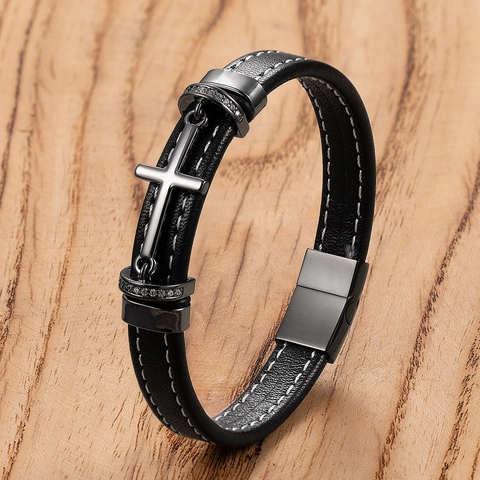 Pulsera de Cruz de Acero Inoxidable para Hombre Cuerda de Cuero Hecha a Mano Religiosa Strass Punk Joyería Con Cierre Magnético Regalo