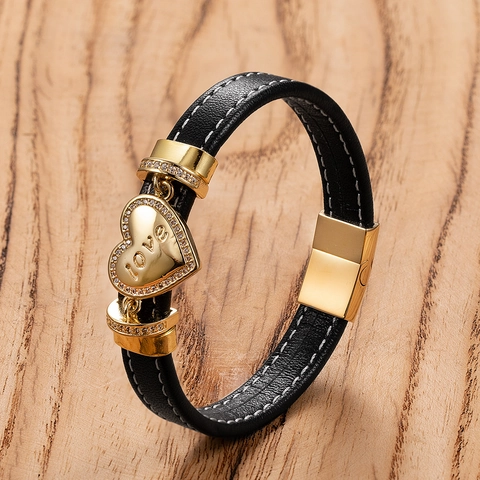 Pulsera de Cuero y Acero Inoxidable Hecha a Mano Colgante de Corazón Strass Incrustado Cierre Magnético Joyería de Moda Parejas