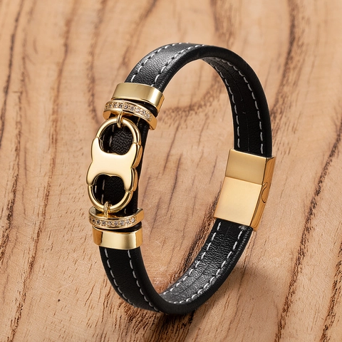 Bracelet Classique en Acier Inoxydable pour Hommes Cordon en Cuir Tressé Noir Avec Fermoir Magnétique Strass Bijoux