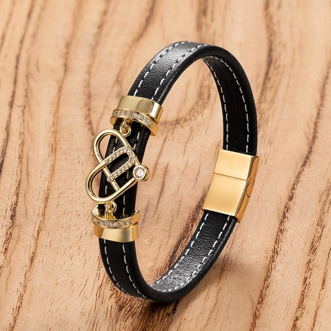 Pulsera de Cuero y Acero Inoxidable Hecha a Mano Colgante de Corazón Strass Incrustado Cierre Magnético Joyería de Moda Parejas