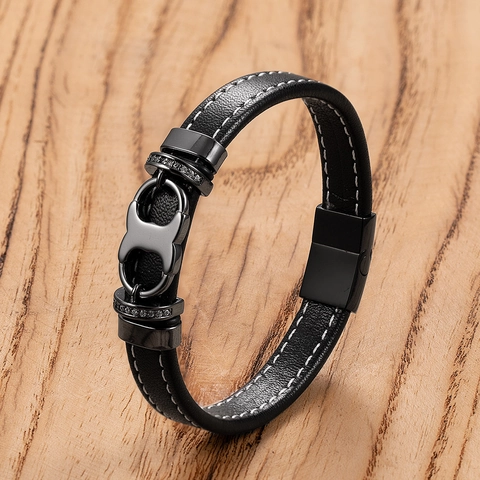 Bracelet Classique en Acier Inoxydable pour Hommes Cordon en Cuir Tressé Noir Avec Fermoir Magnétique Strass Bijoux